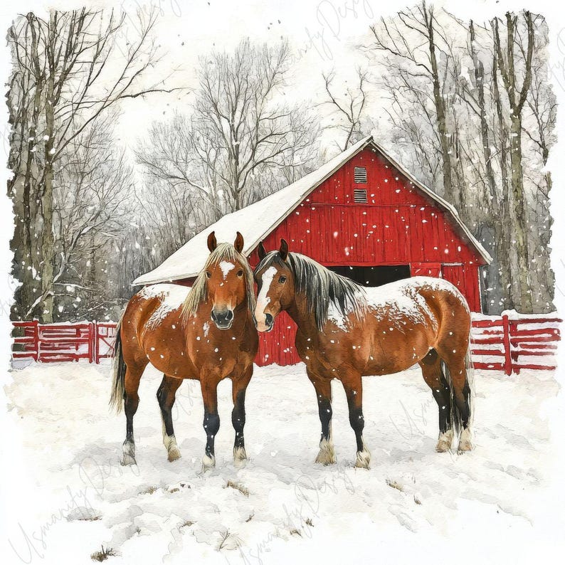 9 Winter Horse Farm Clipart, Rustic Red Barn Watercolor Scene, Snow ...
