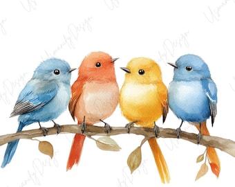 17 Watercolor Birds Clipart PNG, Pastel Birds Branch, Cute Nursery Bird, Spring Floral PNG, Junk Journal, Paper Craft, High Resolution PNG