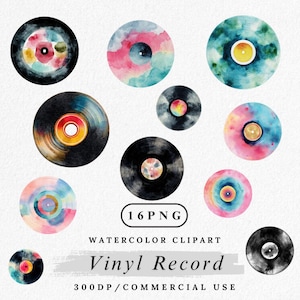 Clipart de disco de vinilo de acuarela: Paquete PNG de música retro (descarga digital, uso comercial permitido)