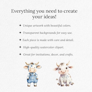 May include: Two watercolor illustrations of cute cows. One cow is wearing blue overalls and has white spots. The other cow is white with gray spots. Both cows have big eyes and smiles. The text "Everything you need to create your ideas!" is at the top of the image.