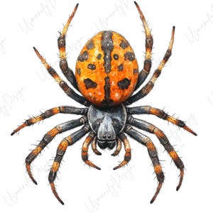 May include: Watercolor illustration of a spider with an orange and black spotted abdomen, black legs with orange and brown segments, and a gray cephalothorax. The spider is depicted in a detailed, realistic style against a white background.