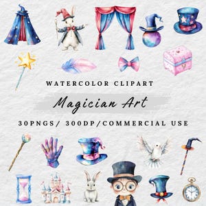 Imágenes prediseñadas de mago en acuarela, espectáculo de magia PNG, ilustración de mago adorable, imágenes prediseñadas de sombrero y varita de mago, mago de escenario PNG, descarga digital
