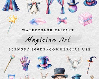 Watercolor Magician Clipart: Magic Show PNG Graphics (Digital Download)