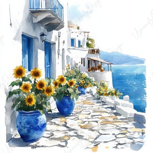 May include: Watercolor painting of a Greek village scene. White buildings with blue accents and balconies line a stone path. Blue ceramic pots overflow with sunflowers. The sea is visible in the background.