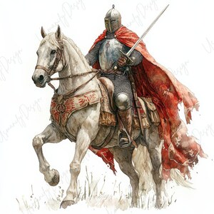 8 Watercolor Medieval Knight Clipart JPG, Armored Warrior Horse Illustration, Fantasy Cavalry Art, Vintage Printable Decor, Commercial Use