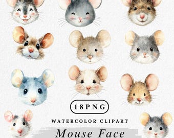 Mouse Face Clipart, Cute Mouse PNG Bundle, Watercolor Mouse Face Illustration, Smiling Mouse Clip Art, Nursery Animal PNG, Digital Download