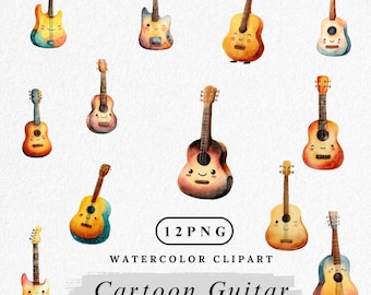 Cartoon Guitar Clipart: Musical Instrument PNG Bundle (Digital Download)