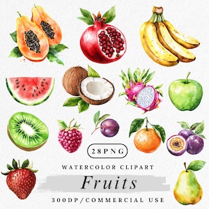 Obst Clipart Bundle, Aquarell Obst PNG, süße Obst Elemente, Apfel Orange Banane Erdbeere Clip Art, digitaler Download, kommerzielle Nutzung