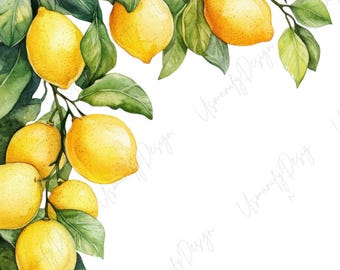 18 Watercolor Lemon Frame Art, Citrus Botanical Border Clipart, Fresh Fruit Frames, Scrapbook, Junk Journal, Paper Craft, High Quality PNG