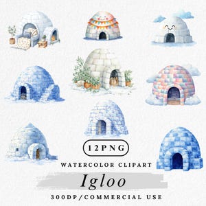 Può includere: Clipart ad acquerello con vari igloo nei toni del bianco, blu e pastello. Alcuni igloo presentano elementi decorativi come bandiere e facce sorridenti. L'immagine include il testo "12 PNG", "Watercolor Clipart" e "Igloo".