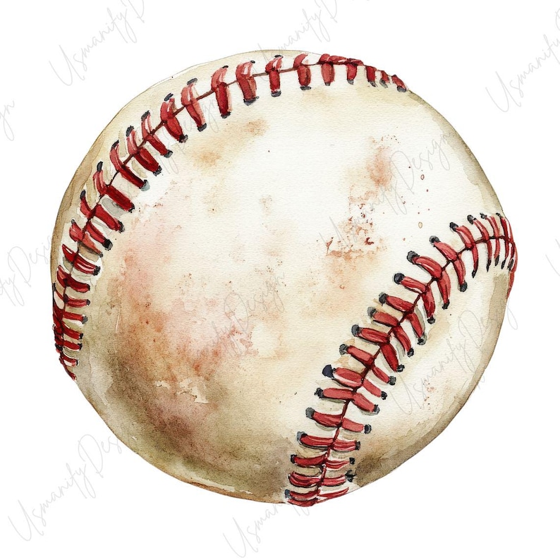 May include: Watercolor illustration of a baseball. The baseball is off-white with red stitching. The ball has a vintage, worn look with brown and tan shading.