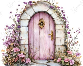 29 imágenes prediseñadas de puertas de hadas en acuarela, arte caprichoso para la entrada de una cabaña, puerta floral mágica, diario de recortes de fantasía, álbum de recortes, PNG de alta calidad