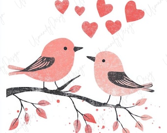 18 Love Birds Clipart, Watercolor Pink Lovebirds with Hearts, Romantic Bird Art, Nursery Decor, Junk Journal, High-Quality JPGs for Crafts