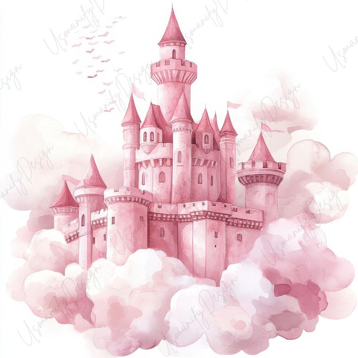 19 Watercolor Pink Castle Clipart JPG, Fairytale Princess Castle ...