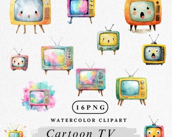 Retro Cartoon TV Clipart: Kawaii Television PNG Bundle (Digital Download, Commercial Use)