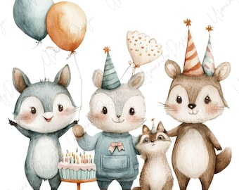 11 Watercolor Birthday Animal Art, Cute Party Animals Clipart with Balloons, Nursery Celebration, Scrapbook, Junk Journal, High Quality PNG