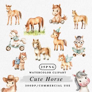 Paquete de imágenes prediseñadas de caballos, lindo personaje de caballo PNG, imágenes prediseñadas de animales de granja, gráficos de caballos en acuarela, imágenes prediseñadas de caballos bebés, imágenes prediseñadas de animales de rancho, caballo