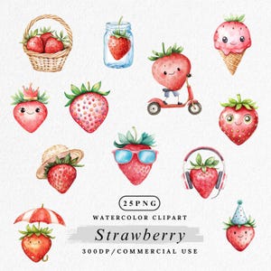 Strawberry Clipart PNG, Cute Strawberry Character, Strawberry png, Kawaii Strawberry Clip Art, Fun Strawberry png, Watercolor Fruit Clipart