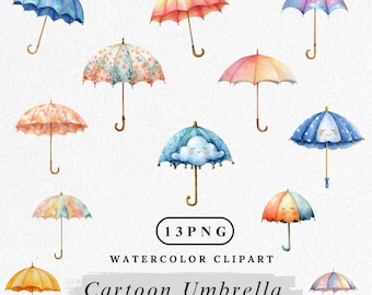 Cartoon Umbrella Clipart, Cute Umbrella PNG Bundle, Kawaii Rain Clipart, Colorful Umbrella, Weather Clipart Digital Download, Commercial Use