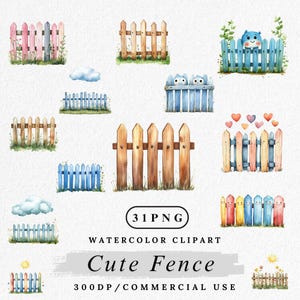 Może przedstawiać: Akwarelowa grafika clipart przedstawiająca różne urocze wzory płotów w odcieniach niebieskiego, różowego i brązowego. Niektóre płoty mają trawę i kwiaty, inne akcenty w kształcie serca i chmury. Zawiera również tekst "Cute Fence".