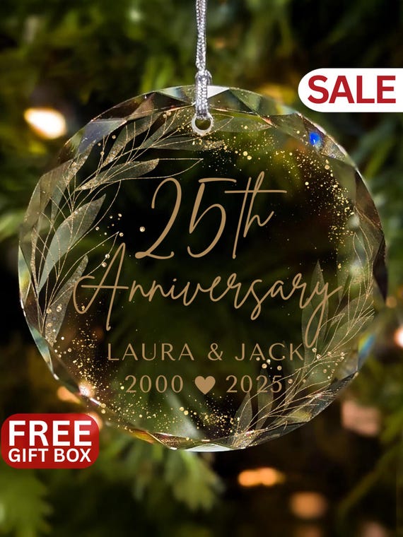 25th Anniversary Glass Ornament, Silver Anniversary Keepsake Personalized Couple Names & Date 25 Years Together