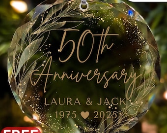 50th Anniversary Glass Ornament, Golden Anniversary Keepsake Personalized Couple Names & Date 50 Years Married