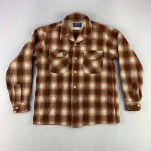 VTG 70s Pendleton Board Shirt Mens M Brown Plaid Wool Loop Collar Flannel USA image 2
