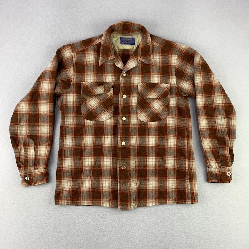 VTG 70s Pendleton Board Shirt Mens M Brown Plaid Wool Loop Collar Flannel USA image 2
