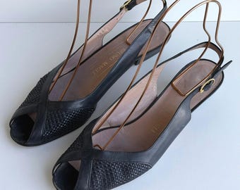 Bruno Magli Slingback Heels Women 8AA Black Woven Leather Peep Toe Sandals Italy