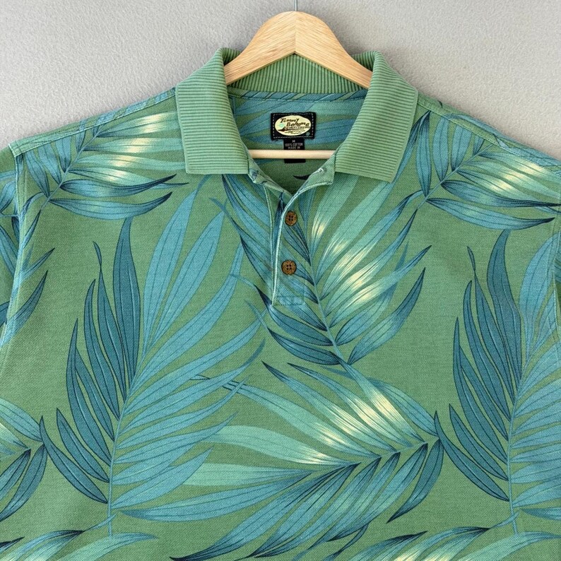 Tommy Bahama Palm Leaf Polo Shirt Mens Medium Green Tropical Hawaiian Cotton VTG image 2