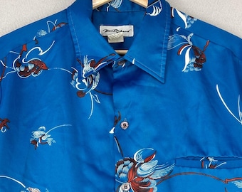 Vintage 70s Tori Richard Shirt Mens Large Blue Floral Long Sleeve Satin Disco