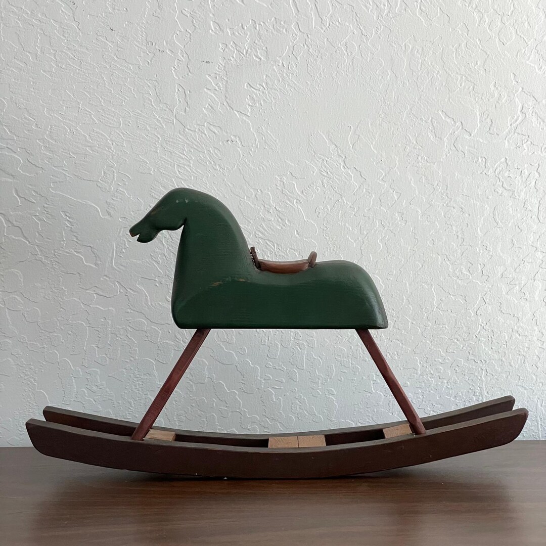 VTG Handmade Mini Rocking Horse Wooden Green Cottage Primitive Folk Art ...