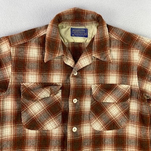 VTG 70s Pendleton Board Shirt Mens M Brown Plaid Wool Loop Collar Flannel USA image 1