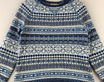 VTG Eddie Bauer - Pull en jacquard jacquard femme M T bleu laine d'agneau nordique ras du cou Gorp