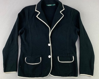 Lauren Ralph Lauren Knit Blazer Womens Medium Black Preppy Contrast Trim Cotton