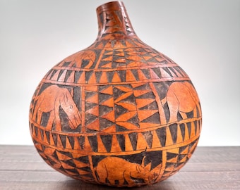 Vintage Hand Carved Calabash Gourd Vase African Large Artisan Signed Primitive