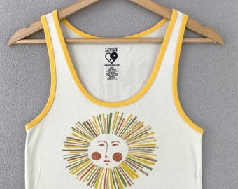 VTG Y2K Lucky Brand Sun Smile Tank Top Women Small Yellow Ringer USA Made
