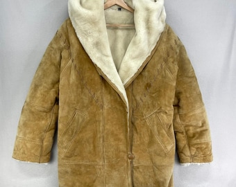VTG Gallery Suede Leather Sheepskin Coat Mens Medium Faux Fur Western Hooded
