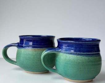 Studio Pottery Signed Coffee Mugs Blue Green Glazed Stoneware Set