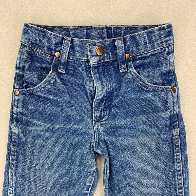 VTG Wrangler Jeans Kids 7 Slim Distressed Cowboy Cut 13MWZ Bootcut Whiskering Bild 2