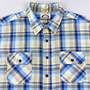 Vintage 70s 80s Wrangler Button Up Shirt Men&#39;s XL Blue Plaid Western USA Made