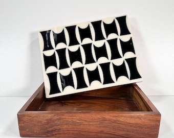 Vintage African Wooden Box Geometric Marquetry Inlay 8x6 Handmade Avant Garde