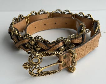 Vintage Leatherock Leather Belt Women M/L Ornate Filigree Tan Gold Boho Western