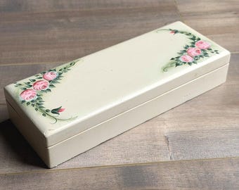 VTG Handpainted Wood Box Cream Pink Floral Trinket Jewlery Organizer Cottagecore