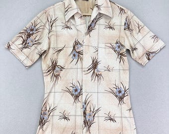 vintage Joel Disco Shirt pour homme, petit, beige, floral, tropical, manches courtes, 70, rétro