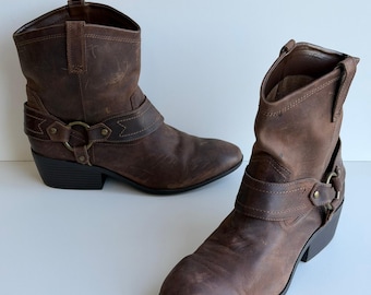 Mossimo Harness Boots Women 11 Brown Western Moto Coastal Distressed Leather Y2K