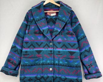 Vintage Woolrich Aztec Jacket Womens M Blue Wool Shawl Collar Thick Southwestern