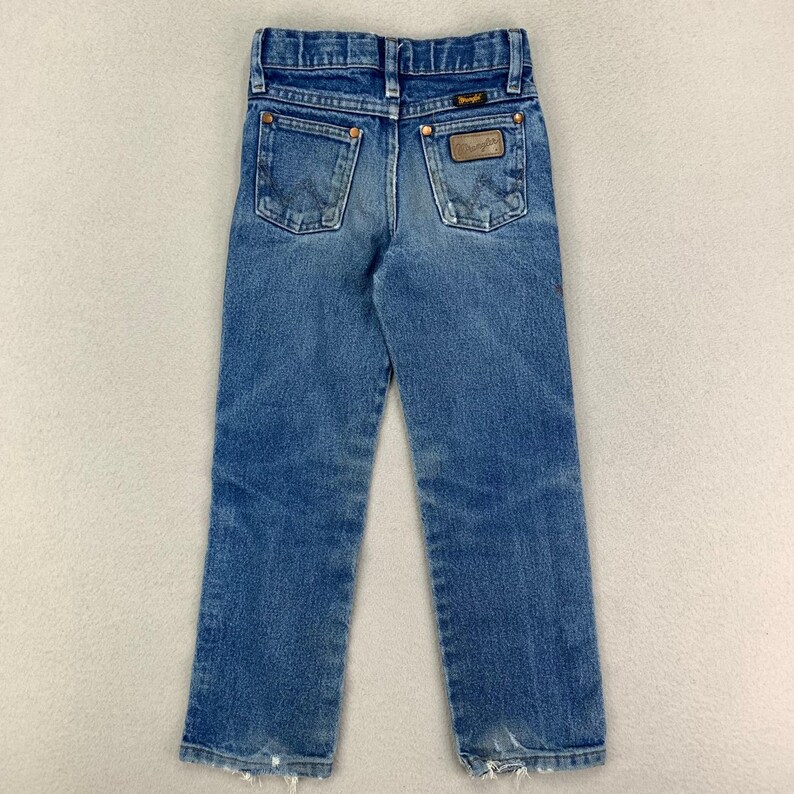 VTG Wrangler Jeans Kids 7 Slim Distressed Cowboy Cut 13MWZ Bootcut Whiskering Bild 3