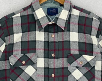 VTG 80s SEARS Flannel Shirt Mens Large Grey Plaid Long Sleeve Retro Button Up