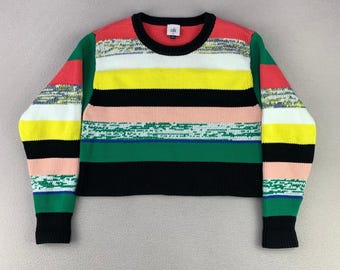 Cabi Carnival Pullover Sweater Women M Boxy Multi Color Stripe Cropped Cotton